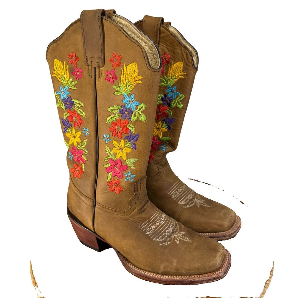 Ariat Country Lane Cowboy Boots Womens 7.5 Brown Leather Floral Embroidered